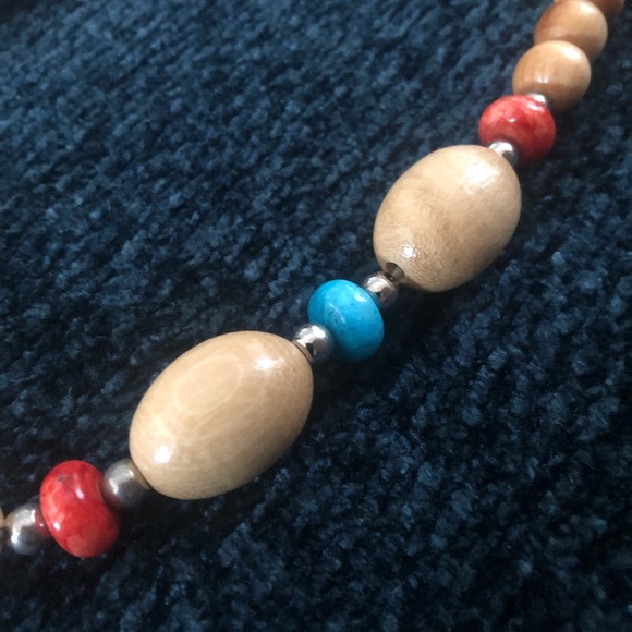 Natural Wood, Turquoise & Red Beaded Necklace - Picture 4 of 7